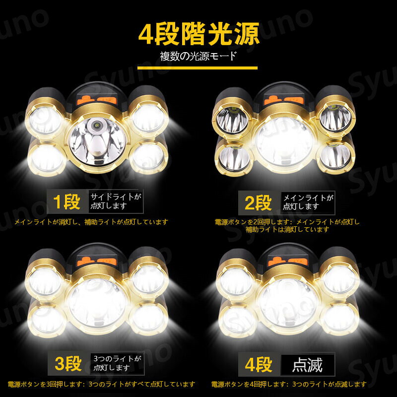 お買い物マラソン【P5倍】LEDヘッドライト 充電式 ヘッドライト 釣り 作業 5灯4点...