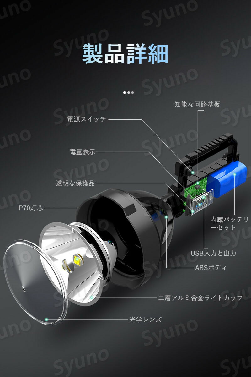 お買い物マラソン【P5倍】ハイパワーの強い光の懐中電灯 懐中電灯 LED USB充電式 超強力 ハンディライト 照射範囲＞500m P70 超高輝度LEDライト キャンプ用品 高輝度 遠くまで 4モード 防水 フラッシュライト 小型 軍用 停電 地震対策 アウトドア