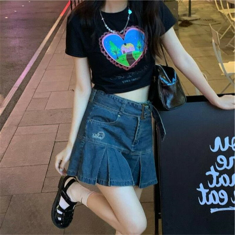 レディース スカート プリーツスカート ミニスカート デニム ハイウェスト Aライン スカート ミニ丈 デニムスカート デニム フレアスカート ショート丈 プリーツ スクール 女子中高生 学校 女子高生 スカート