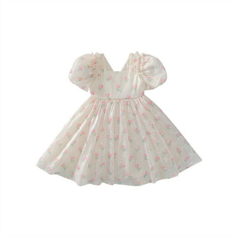 キッズドレス 半袖 花柄 チュール ワンピース 女の子 夏 キッズ 後ろリボン スクエアネック パフスリーブ ドレス フォーマル 夏服 子ども服 フレア ピアノ 発表会 結婚式 ガールズ ジュニア おしゃれ かわいい 七五三 90 100 110 120 130 140cm