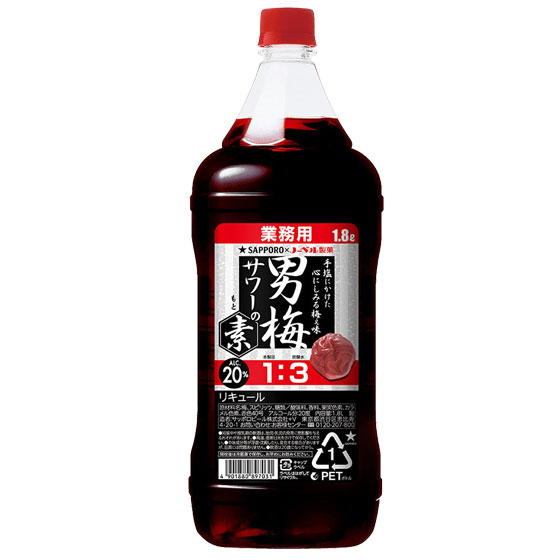 商品名 男梅サワーの素 1800ml アルコール度数 20％ 原材料名 梅、スピリッツ、糖類／酸味料、香料、果実色素、カラメル色素、赤色40号 クール便 不要 当店について 「酒楽SHOP」は大正5年から続く、台東区の酒販店「ヤマロク」のインターネット通販ショップです 都内最大級の酒専用庫「純米入谷蔵」では蔵元さんから 直送いただいた純米酒を中心としたお酒を、温度管理・鮮度管理を徹底して、お客様のもとへお届けしております。ラッピングも承ります。ギフトやお中元・お歳暮、お世話になった方へ、日本酒・梅酒・焼酎などぜひご利用ください。 ◆こんなギフトシーンに◆ 内祝い・出産内祝い・結婚内祝い・快気内祝い・快気祝い・引出物・引き出物・結婚式・新築内祝い・お返し・入園内祝い・入学内祝い・就職内祝い・成人内祝い・退職内祝い・満中陰志・香典返し・志・法要・年忌・仏事・法事・法事引き出物・仏事法要・お祝い・御祝い・一周忌・三回忌・七回忌・出産祝い・結婚祝い・新築祝い・入園祝い・入学祝い・就職祝い・成人祝い・退職祝い・退職記念・お中元・御中元・暑中見舞い・暑中見舞・残暑見舞い・残暑見舞・お歳暮・御歳暮・寒中見舞い・お年賀・御年賀・正月・お正月・年越し・年末・年始・粗品・プレゼント・お見舞い・記念品・賞品・景品・二次会・ゴルフコンペ・ノベルティ・母の日・父の日・敬老の日・敬老祝い・お誕生日お祝い・バースデイ・クリスマス・クリスマスプレゼント・バレンタインデー・ホワイトデー・結婚記念日・贈り物・ギフト・ギフトセット・贈り物・お礼・御礼・手土産・お土産・お遣い物・ご挨拶・ご自宅用・贈答品・ご贈答・記念日・記念品・誕生日・誕生祝い・結婚記念日・引越し祝い・転居・昇進・栄転・感謝・還暦祝・華寿・緑寿・古希・喜寿・傘寿・米寿・卒寿・白寿・上寿・歓送迎会・歓迎会・送迎会・粗品・卒業祝い・成人式・成人の日・お見舞い・開店祝い・開業祝い・周年・イベント・協賛・ビジネス・法人・お彼岸・お返し・お酒・日本酒・地酒・芋焼酎・麦焼酎・黒糖焼酎・梅酒・和リキュール・仏事・お盆・新盆・初盆・御供え・お供え・パーティー・合コン・お見合い・花見・お花見・こだわり・蔵元直送・直送・ランキング・売れ筋・杜氏・クチコミ・ポイント・詰め合わせ・詰め合せセット・飲み比べ・飲み比べセット・お試し・おためし・セット・グルメ・お取り寄せ・酒楽SHOP男梅サワーの素 1800ml グラスに氷を入れて、「男梅サワーの素」を定量注ぎ、炭酸水で割るだけで簡単に男梅サワーがつくれます。男梅サワーならではの「しょっぱい旨さ」と、濃厚な味わいをお楽しみください。