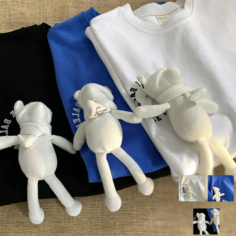 Tシャツ トップス レディース ぬいぐるみ付 クマ プルオーバー クルーネック 無地 大人かわいい おしゃれ 個性的 カジュアル コーデ 半袖 送料無料