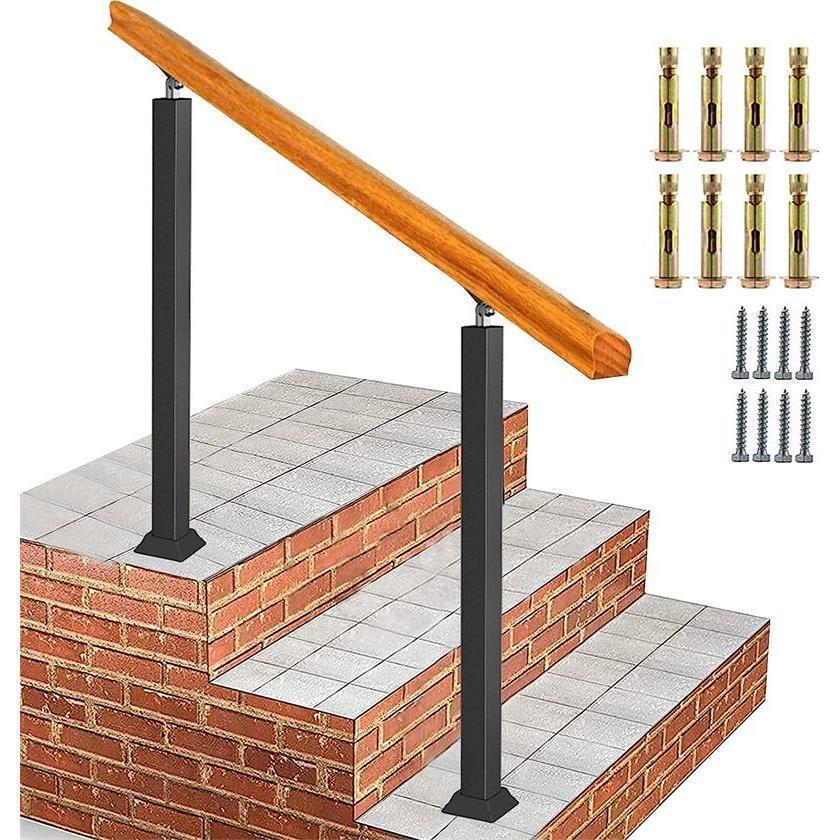 玄関手すり 屋外 玄関階段 手すり 無垢材の手摺り おしゃれ マットブラックアイアン 階段手すり 角度調整可能 高齢者用サポート 屋外手すり 屋内 裏廊下