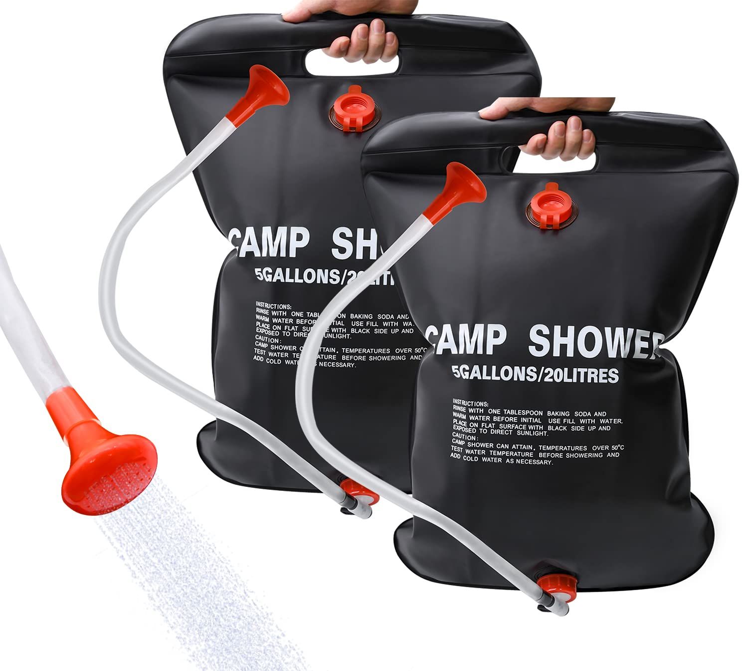 SZSS ソーラーシャワーバッグ 2パック 5ガロン/20L キャンピングシャワーバッグ ポータブルシャワーバッグ 取り外し可能なホース付き オン/オフ切り替え可能なシャワーヘッド キャンプ ビーチ 水泳 アウトドア 旅行