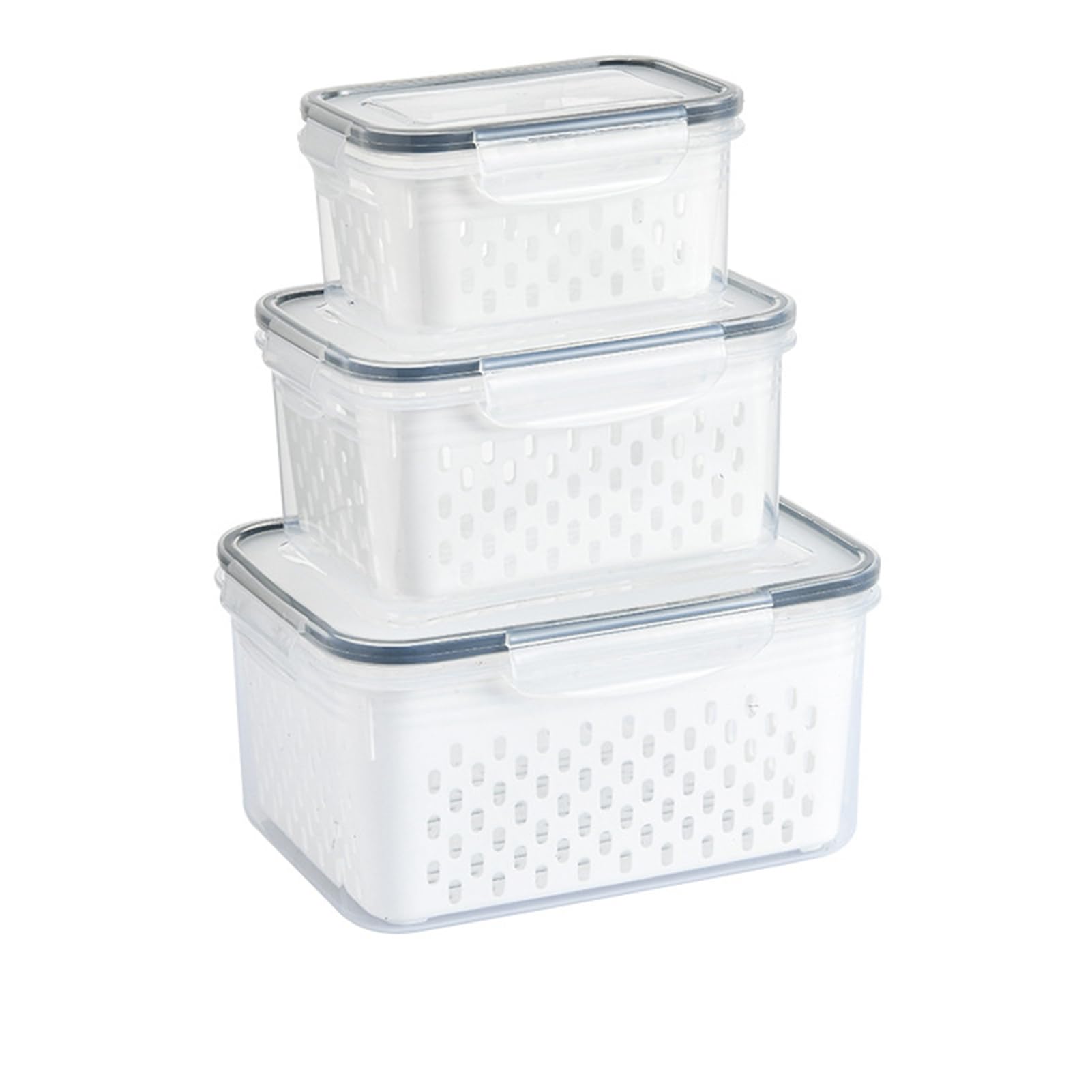 冷蔵庫オーガナイザーボックス、排水保管バスケットボックス3個、透明プラスチック食品保存容器セット、取り外し可能なザル付き漏れ防止食品容器、パントリー、冷凍庫、キッチン用