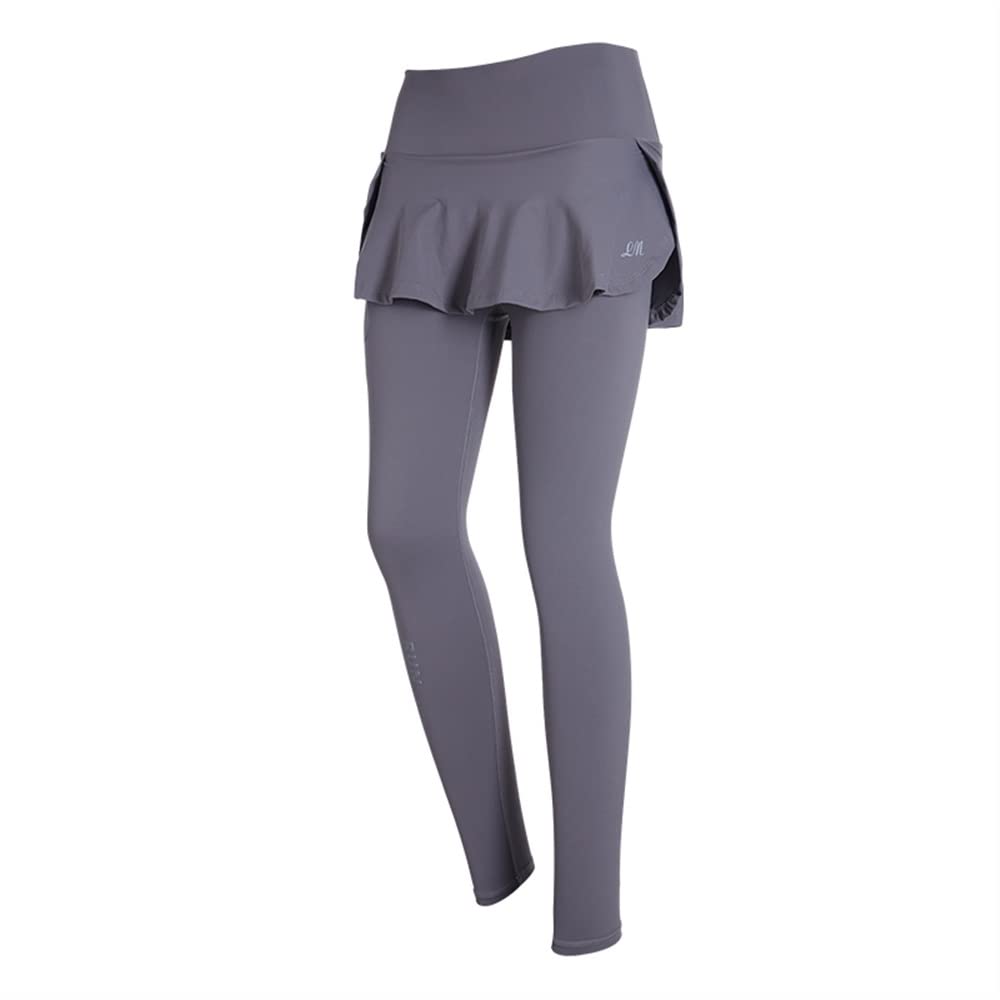 SZSS ハイウエスト レギンス ナイロン 伸縮性 ジムウェア ワークアウト ランニング アクティブウェア ヨガ パンツ フェイク 2 スカート + パンツ (Color : YZ21013 Gray, Size : XXL)