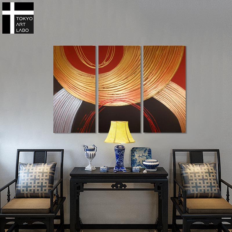 【あす楽】 油絵 絵画 インテリア【朱金の抽象】赤 ゴールド おしゃれ 壁掛け 絵 抽象画 玄関 リビング 新築 和風 和モダン モダンアート 3枚組 旅館 ホテル オフィス 内装 金色 油彩画 手描き