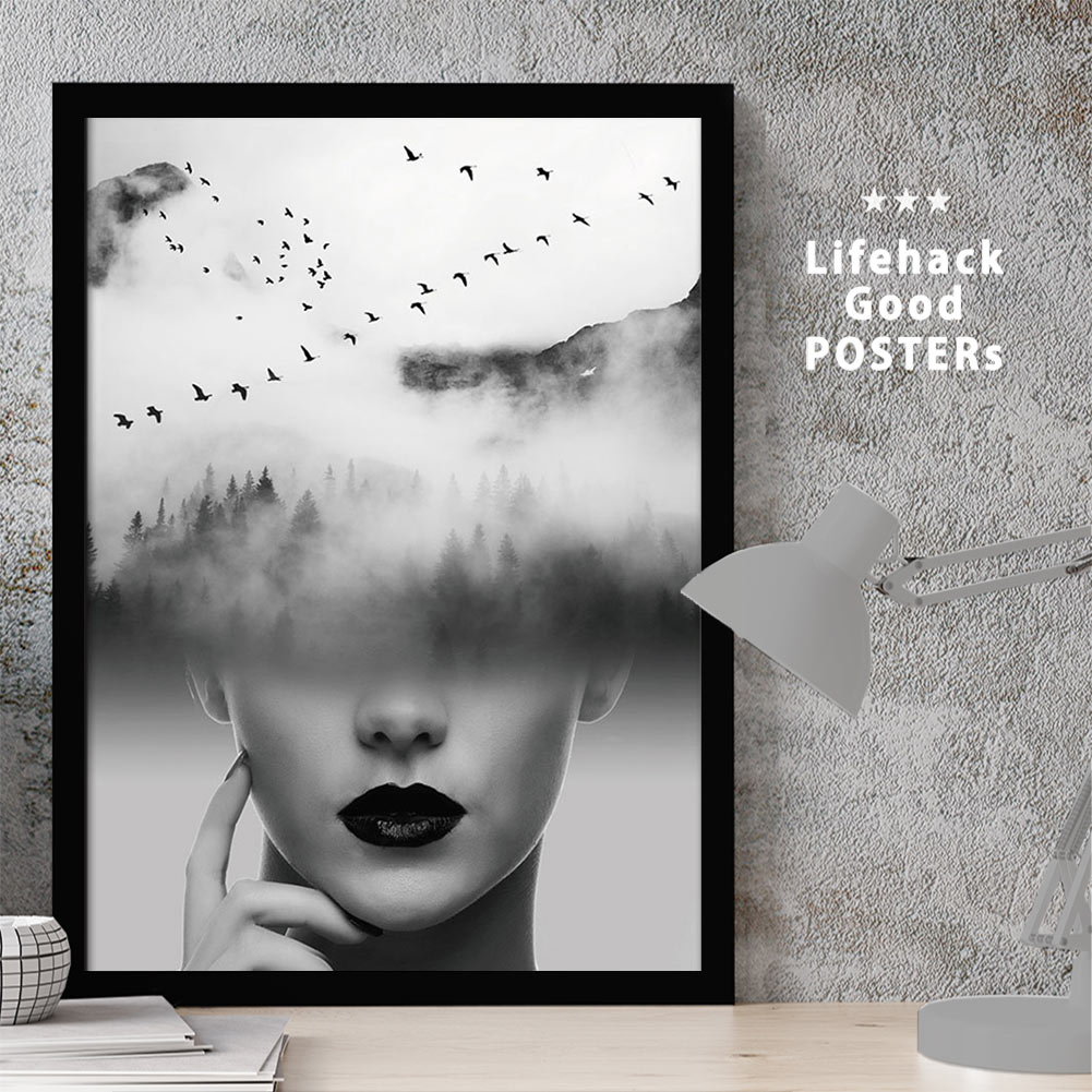 【11/25 限定クーポン】 女性シルエットのアートポスター LIFEHACK A3 A4 A2 インテリア装飾に最適二重露光 多重露光 幻想的 山脈 森林 少...