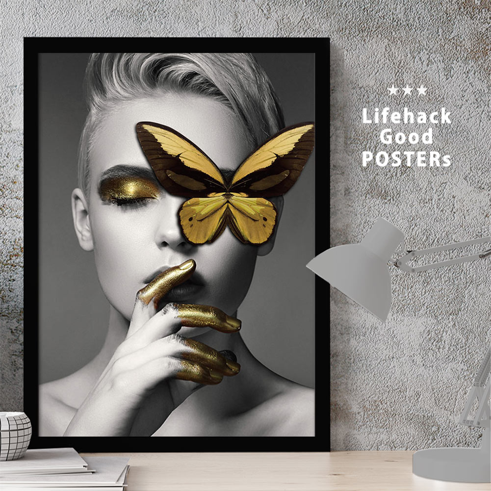 【11/25 限定クーポン】 女性シルエットのアートポスター LIFEHACK A3 A4 A2 インテリア装飾に最適金色の色の蝶々 ゴールド モノクロ メイク...