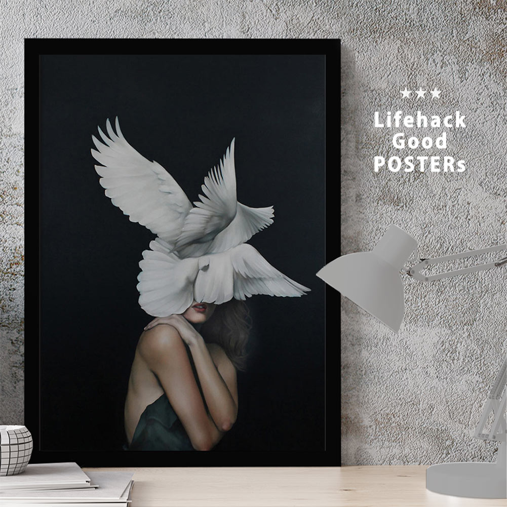 【スーパーSALE限定クーポン】 女性シルエットのアートポスター LIFEHACK A3 A4 A2 インテリア装飾に最適無数の翼 白い羽根 シック モダン 北...