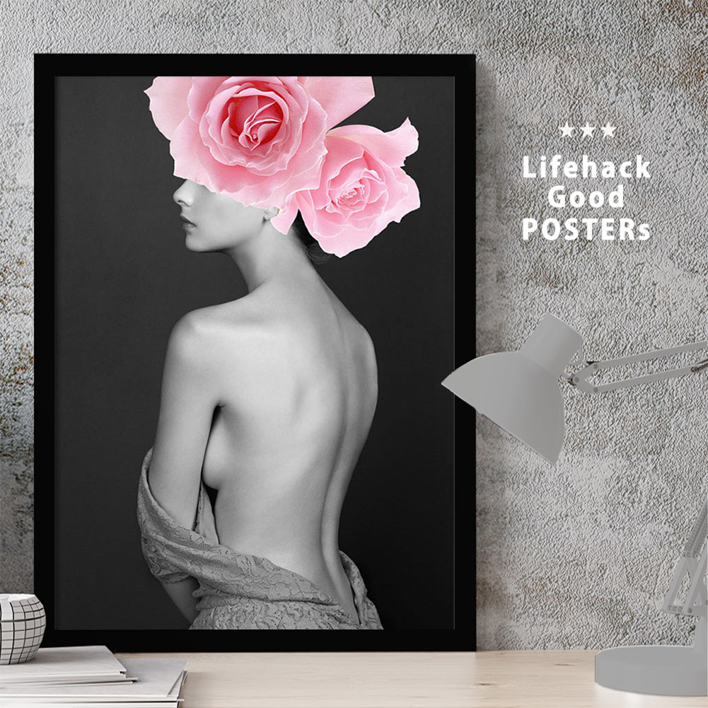【11/25 限定クーポン】 女性シルエットのアートポスター LIFEHACK A3 A4 A2 インテリア装飾に最適大きな花飾りの少女 モノクロ 美しい曲線美...
