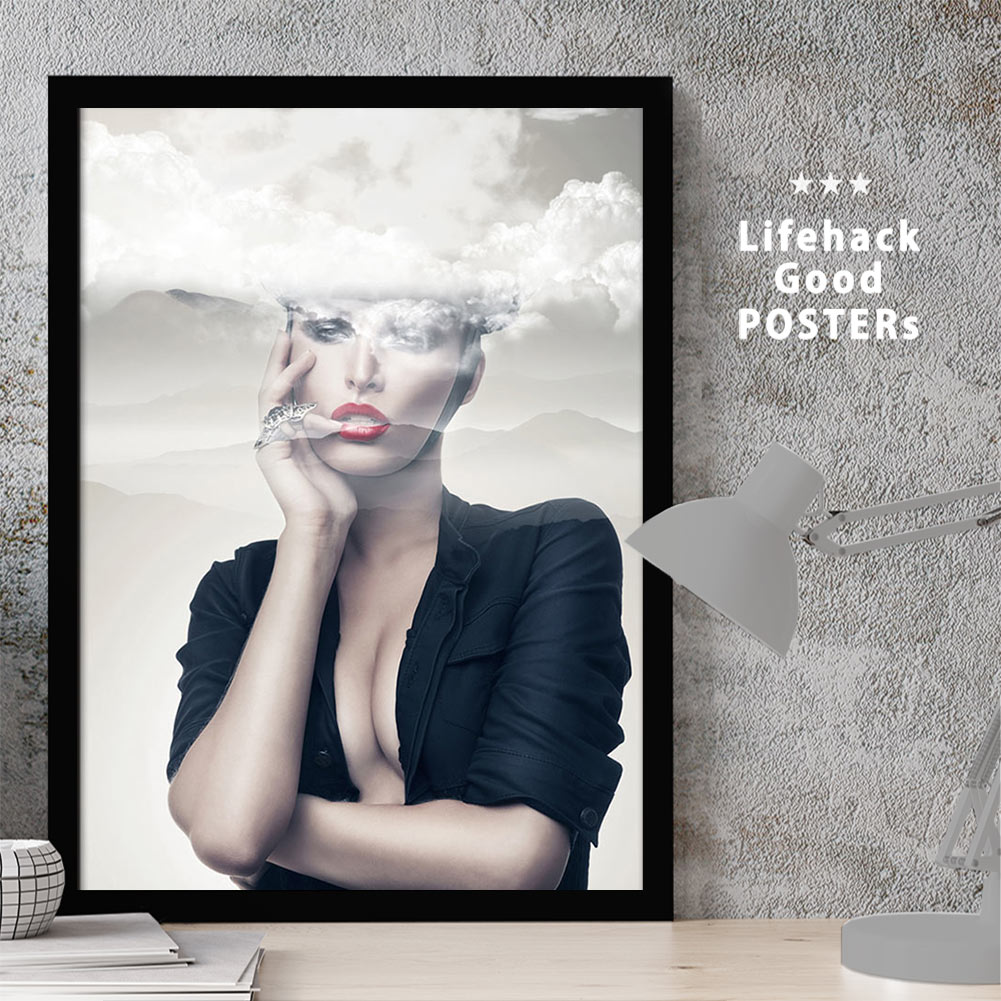 ポスター 【サイズが選べるようになりました】 LIFEHACK 女性 アートプリント アートポスター A3 A4 A2 フレーム 白い雲 天気 風景 人物 コラージュ 空 ウーマン ガール