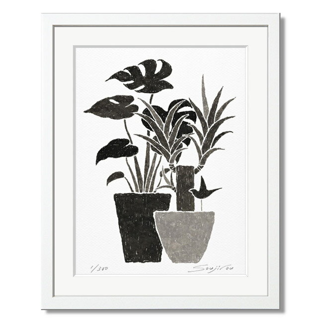【BLACK FRIDAY限定クーポン】 絵画 モノクロ 植物画 モンステラとユッカ 白フレーム 八切 玄関やリビングをシックに演出するアートパネル モノトーン...