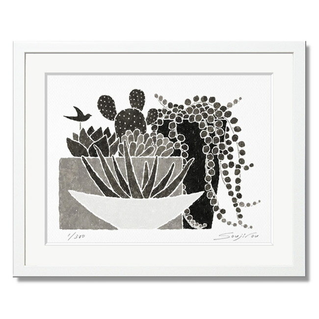 絵画 モノクロ 植物画 サンセベリアと多肉植物とグリーンネックレス 白フレーム 八切 玄関やリビングをシックに演出するアートパネル モノトーンインテリにマッチ ...