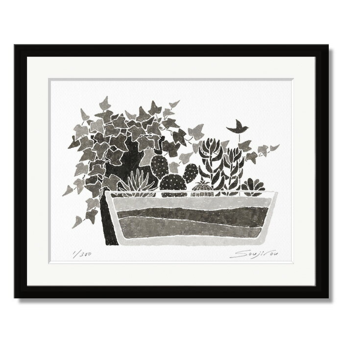 【BLACK FRIDAY限定クーポン】 絵画 モノクロ 植物画 アイビーと多肉植物 黒フレーム 八切 玄関やリビングをシックに演出するアートパネル モノトーン...