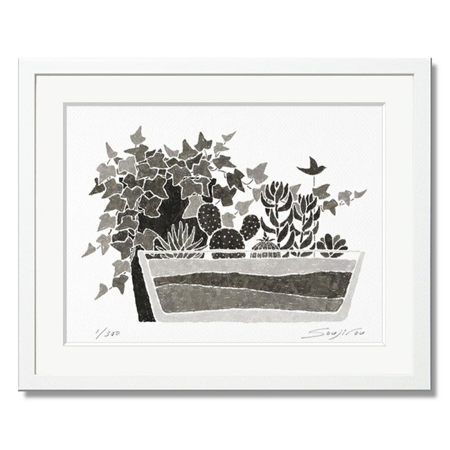 【BLACK FRIDAY限定クーポン】 絵画 モノクロ 植物画 アイビーと多肉植物 白フレーム 八切 玄関やリビングをシックに演出するアートパネル モノトーン...