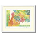 パステルカラーで癒しを与える小さなサボテンの版画アート | 絵画 インテリア 額入り 【ネコの置物と多肉植物寄せ植え】 風水効果で運気をアップ!玄関の壁飾りや記...