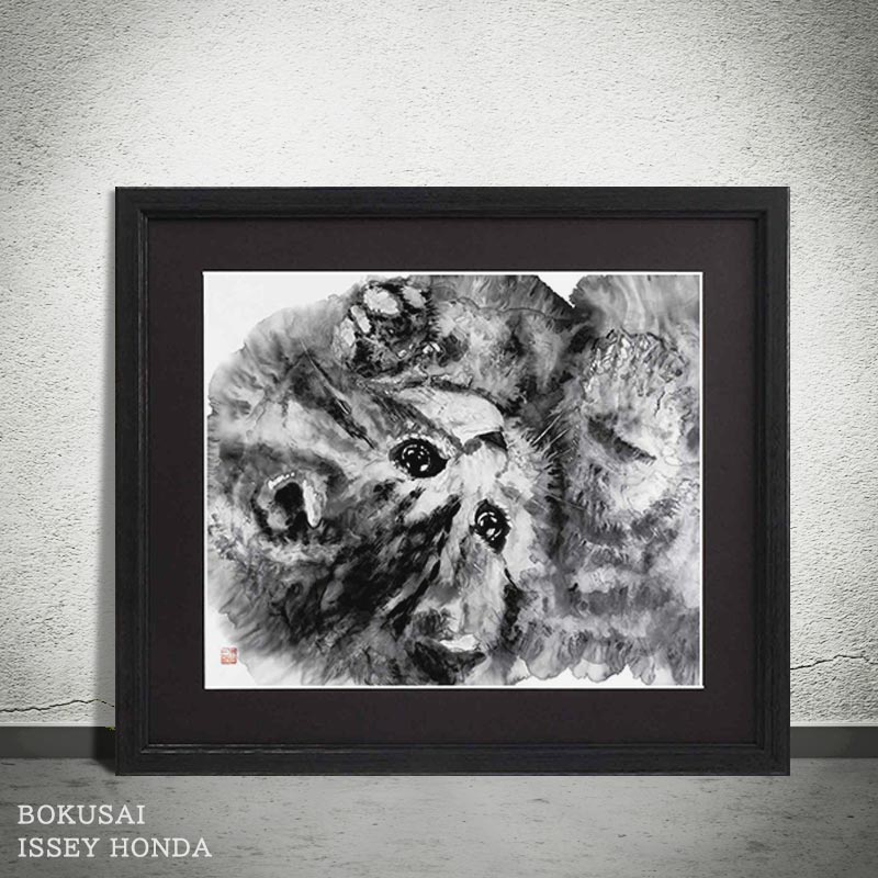 【BLACK FRIDAY限定クーポン】 本田一誠の猫画アートフレーム・無垢 35cmx40cm 墨絵の繊細な滲みまで高解像度仕様でこだわり 再現させた複製アー...