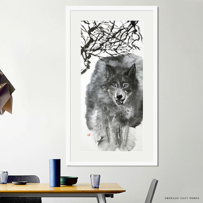 【BLACK FRIDAY限定クーポン】 本田一誠 狼水墨画【気】日本オオカミ モダンなグレイッシュインテリアに合うモノクロ絵画 風水を取り入れたインテリアアー...