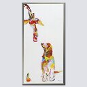 オイルペイント(油彩)アート サイズ:縦約50cm 横約95cm 厚さ 3cm 額付き 風水 インテリア 『わんことキリンと小鳥』犬 キリン 絵 絵画 バセット...