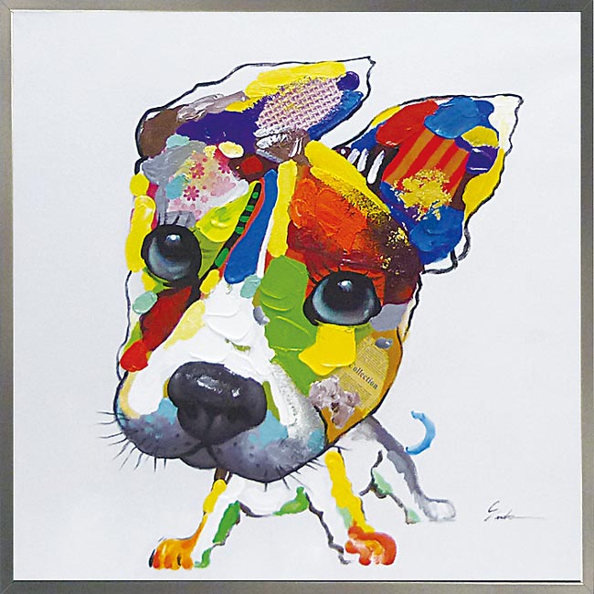 絵画 額付(黒）油絵 uF6-071619 可愛い子犬と女の子