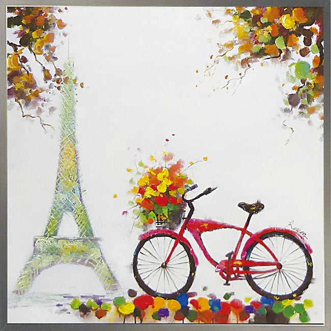 絵画 H830mm W830mm ダイナミックな壁掛けインテリア 額付き エッフェル塔 パリ 自転車 サイクリング 花の街 タワー