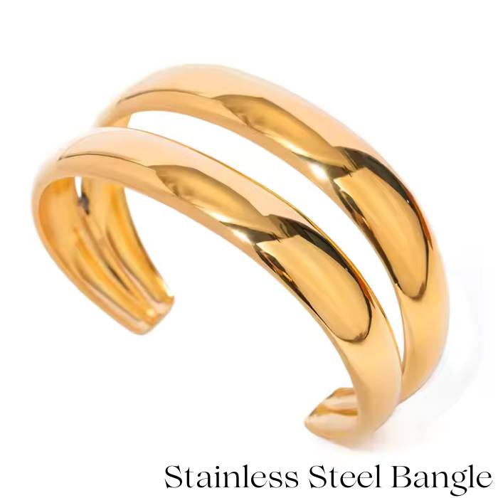 ステンレスバングル サージカルステンレス製2ラインワイドデザインゴールドプレーティングオープンバングル 金属アレルギー対応 ゴールドバングル ステンレス製バング...