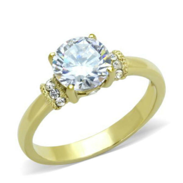 ステンレスリング/シンプルラウンドカットキュービックジルコニア 7mmストーンゴールドプレーティングサージカルステンレス製リング/【メール便送料無料】