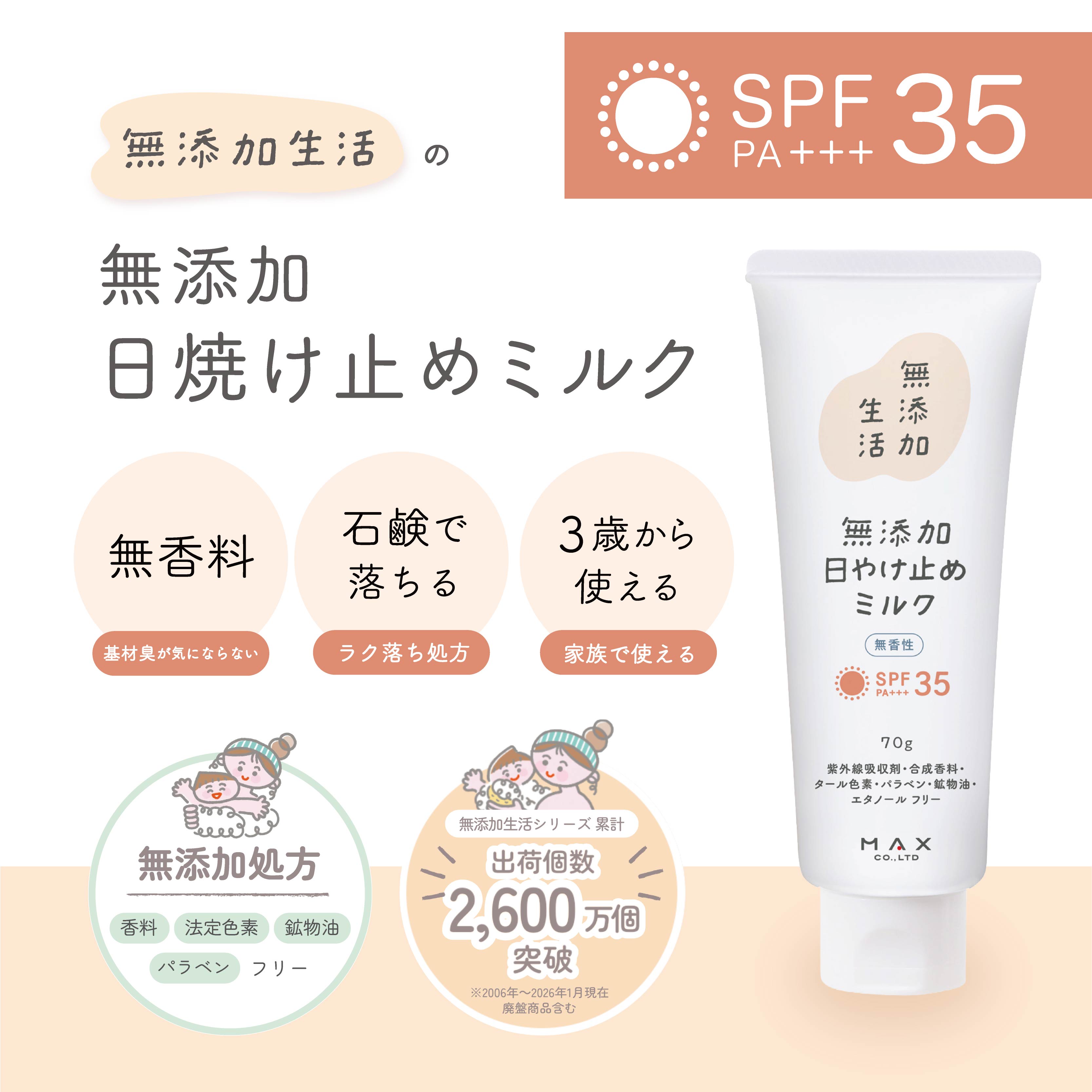 無添加生活 無添加日焼け止めミルク 無香性 / 日焼け止め UVケア UV対策 ミルクタイプ 低刺激 ナチュラル 敏感肌 顔 体 用 紫外線対策 保湿 スキンケア 日本製 ノンケミカル処方 紫外線吸収剤不使用 デイリーケア 無香料 大人用 子供も使いやすい 石けんで落とせる