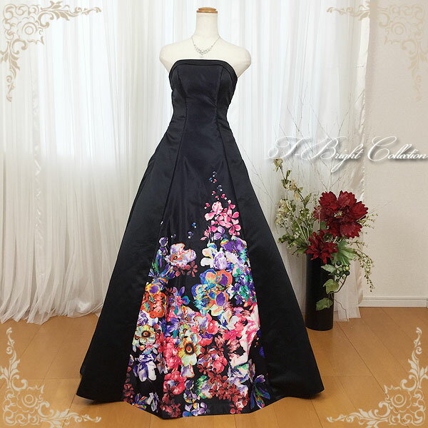 【特別価格】カラードレス 黒 (7号9号11号13号15号)(ブラック) 大きいサイズ スカートの花プリントが美しいドレス センタープリント 大人 ロングドレス 演奏会用ドレス 発表会 Aライン スレンダーライン(shw)ハロウィン 2000