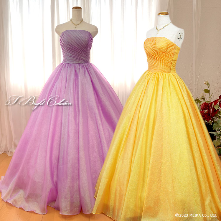 【即納】 カラードレス (ラベンダー/イエロー) キラキラ生地がステージに映える演奏会用ドレス ラメ入り オーロラカラー ウエディングドレス ロングドレス 発表会 プリンセスライン コンクール 二次会 花嫁 ステージ衣装(23550)