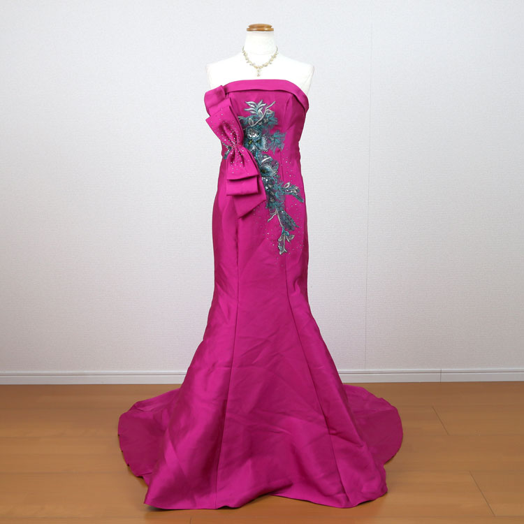 【アウトレット】 カラードレス(9号/Mサイズ) ローズピンク トレーン 刺繍 スパンコール スレンダーライン マーメイ…