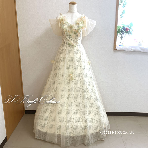 【NEW】カラードレス 7号 9号 11号 花飾り 花柄刺繍 スパンコール オフショルダー クリーム ロング Aライン 演奏会 コンクール ウエディング 発表会 コンサート キラキラ あて布＋背中編み上げ 結婚式やフォトウェディング 披露宴 パーティ 二次会 ステージ 舞台 24110