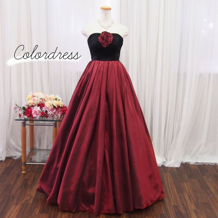 【NEW】演奏会用ドレス カラードレス 2色 ワインレッド×ブラック/グリーン×ブラック コサージュ付き コサージュ取り外し可能 7号 9号 11号 Sサイズ Mサイズ Lサイズ ウエディングドレス 結婚式 二次会 発表会 舞台ステージ衣装 31608