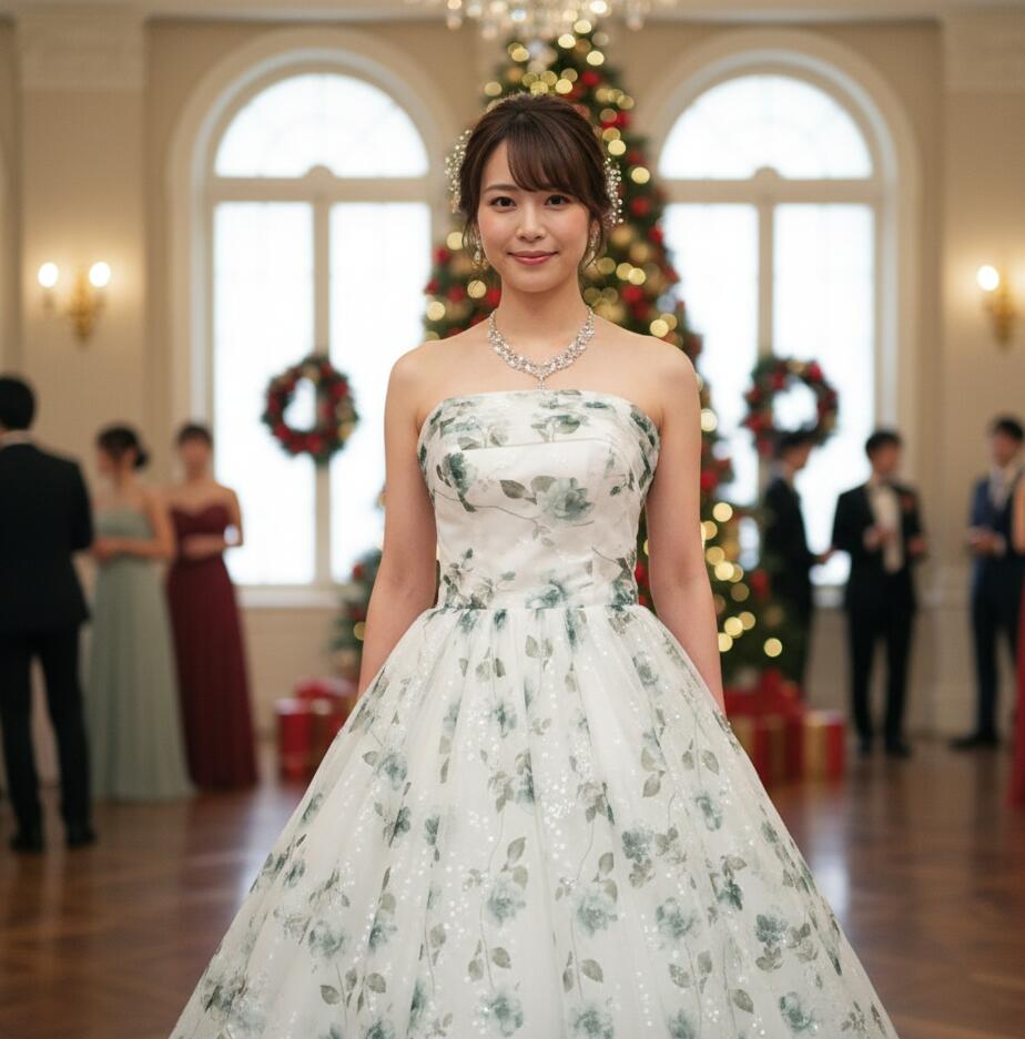 カラードレス ウエディング オフホワイト グリーン花柄 プリンセスライン 7号 9号 11号 演奏会用ドレス パーティドレス 前撮り 後撮り 披露宴 結婚式 花嫁 舞台ステージ衣装 二次会 13052