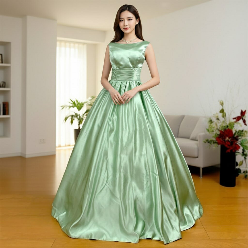 【訳あり】カラードレス (7号) グリーン 演奏会用ドレス ワンピースタイプで中高生にお勧め ロング ...