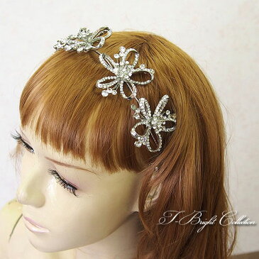 【訳あり/アウトレット】髪飾り ヘアアクセサリー ウエディング ヘッドドレス お花 シルバー ループ付き ウェディング ブライダル アクセサリー カチューシャ風 (hd-1023-b)【メール便発送可】