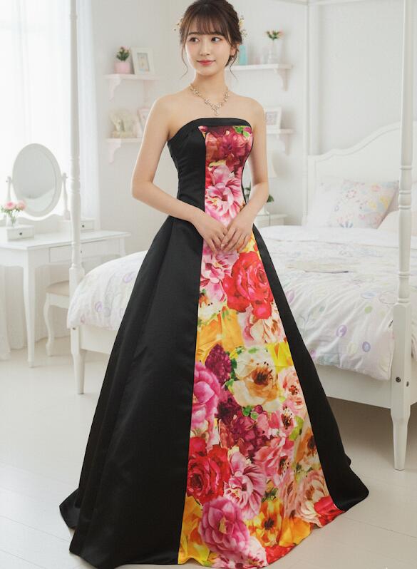 【即納】カラードレス 和風 和柄 花柄 (ブラック) 胸元からスカートまで花プリントが美しいドレス 大人 センタープリント ロンドレス 演奏会用ドレス 発表会 スレンダーライン ハロウィン(shw)/ 19204
