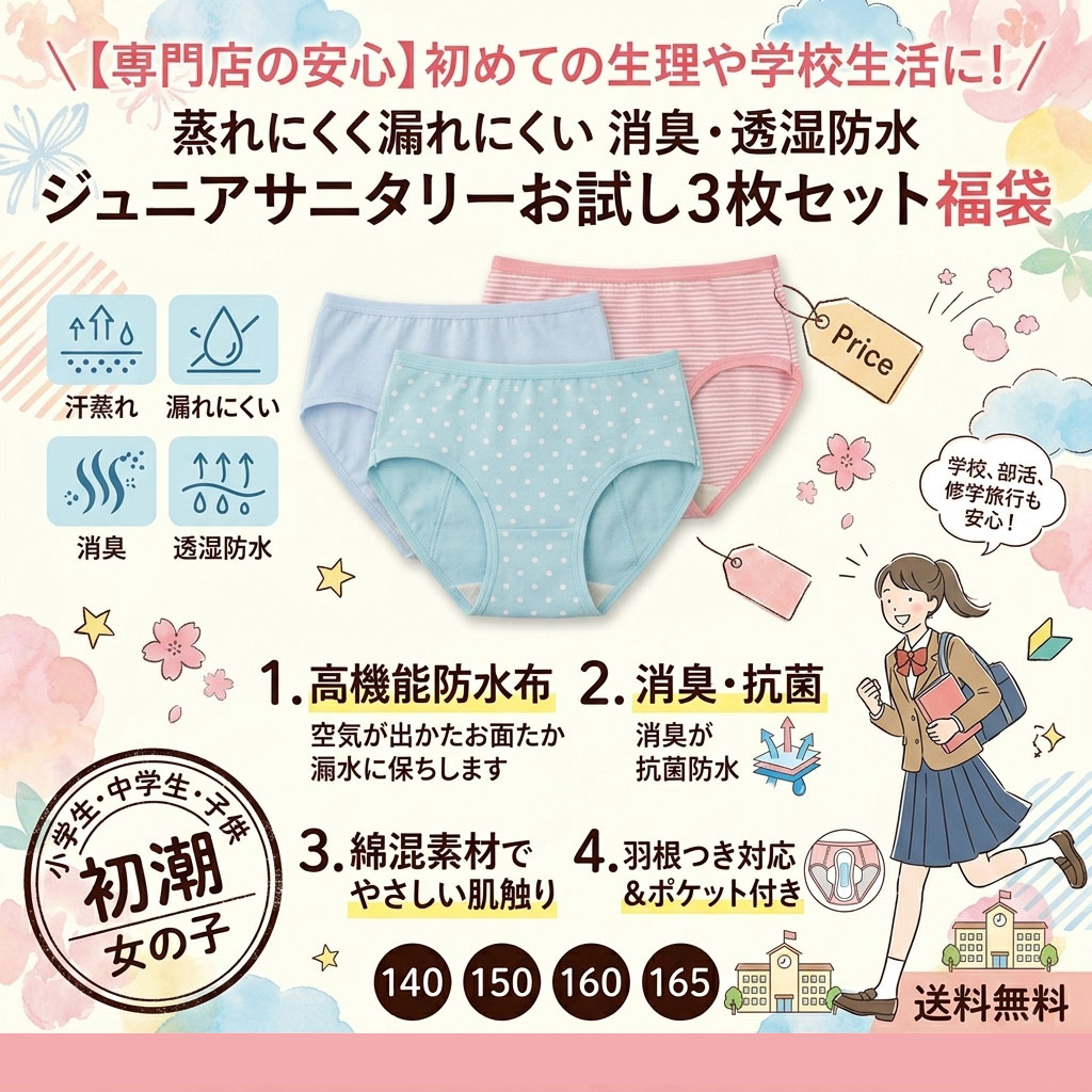 サニタリーショーツ ジュニア 3枚セット 福袋 生理用ショーツ 小学生 中学生 子供 綿 羽根つき対応 ポケット付き 夜用 防水布付き 送料無料 [M:1/2] 生理用パンツ 140 150 160 165 初潮 女の子 ガールズ 下着 消臭 透湿防水 漏れない 蒸れない 学校 部休 修学旅行 生理用品 t-colle-10002884 ティコレクション レディース 下着 サンプル画像2