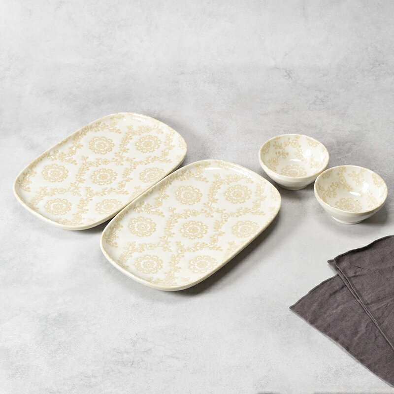 変形皿＆小鉢 2人用 4点セット ロイヤルレース 送料無料食器セット セット食器 まとめ買い ペア食器 新生活 プレート お皿 皿 食器 大皿 変形皿 ボウル 鉢 小鉢 ディナープレート ワンプレート 主菜皿 デザート皿 デザートボウル アイスカ