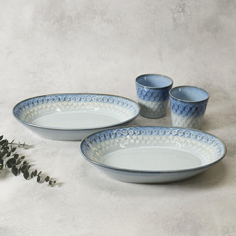 楕円鉢 & コップ 2人用 ペア 4点セット スモークリース 印花型 送料無料食器セット セット食器 家族食器 食器 鉢 お皿 皿 食器 大鉢 浅鉢 タンブラー カップ 磁器カップ 花柄 印花柄