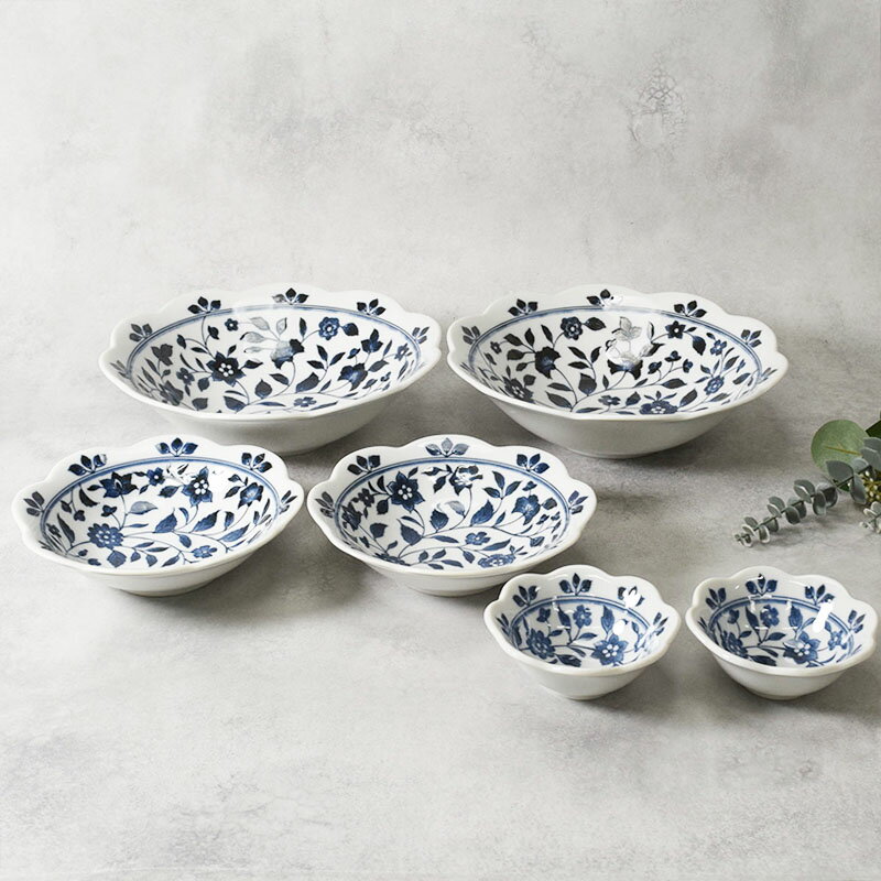 【2000円クーポン 1/24 20:00〜1/29 1:59】浅鉢 ＆ 大鉢 ＆ 小鉢 各2点 合計6点セット 花型 洛悠花 らくゆうか 送料無料洋食器 アイスカップ 食器 青柄 花型 ボウル 鉢 お皿 皿 食器 サラダボウル 取り鉢 盛り鉢