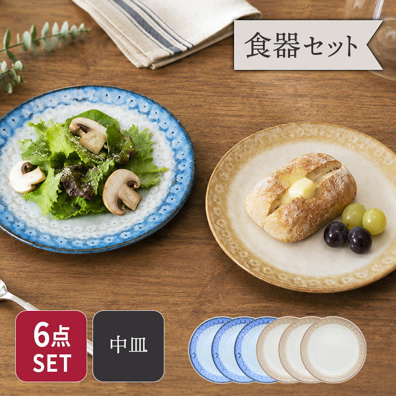 中皿 16.7cm スモークリース 印花型 ブルー＆ブラウン 各3点 6点セット食器セット セット食器 ファミリー食器 家族食器 新生活 プレート お皿 皿 食器 取り皿 副菜皿 ケーキ皿 サラダ皿 デザートプレート パン皿 花柄 印花柄
