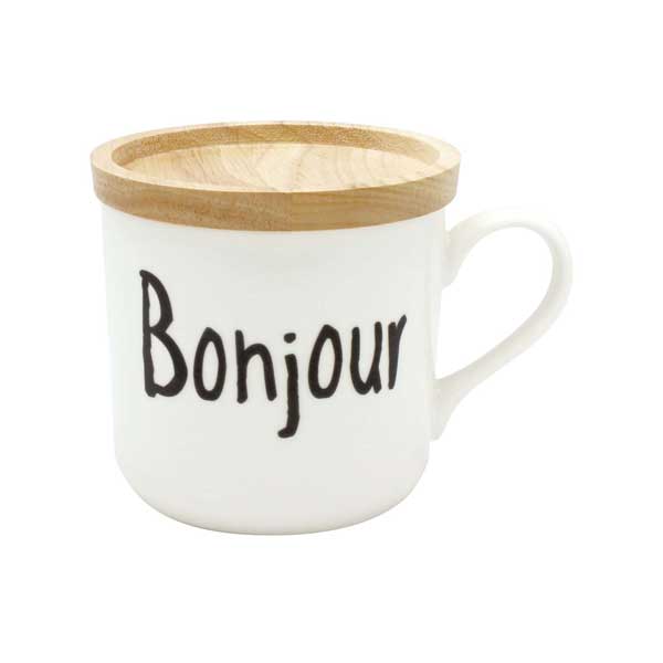 マグカップ 蓋付きマグ Vivre（ヴィヴル） Bonjour「こんにちは」 箱入りコーヒーカップ マグ カップ コップ 挨拶 フランス語 電子レンジ対応 カフェ食器 和カフェ おうちCafe モダン 和モダン おしゃれ