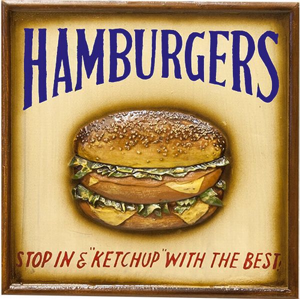 レリーフ アート ウォールデコレーション 家具 インテリア アンティーク アイテム ボード ハンバーガー アメリカン雑貨 ユーズドのような仕上げ 木製プレート お店 お家のドア 玄関 リビング 壁掛け 裏側フック等付 立体的 飛び出したデザイン