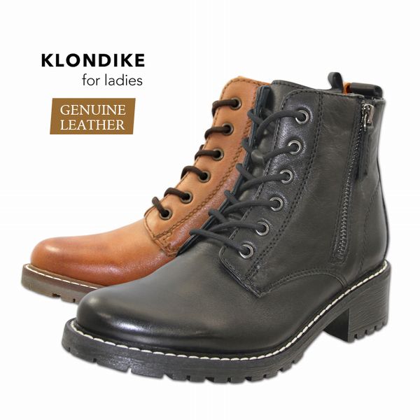 乐天商城 - ブーツ レディースシューズ レディースファッション 靴 KLONDIKE 本革 ダブルファスナー 6ホールレースアップブーツ ロック調 レースアップブーツ インナーあったか素材 ロックテイスト 内外ファスナー付 脱着楽 厳選した牛革仕様 高級感 撥水加工 ヴィンテージ加工 暖かい