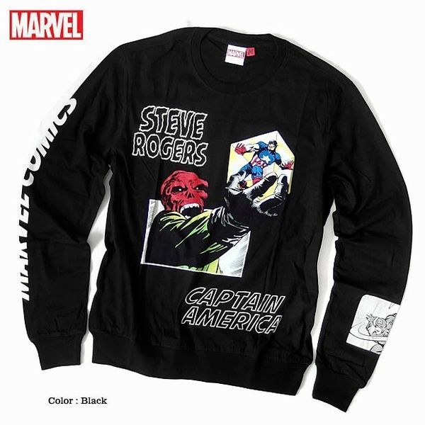 乐天商城 - 長袖 Tシャツ カットソー トップス メンズファッション 注目度抜群 MARVEL マーベルコミックス ヒーロー キャプテンアメリカ プリントロンT 袖プリント カッコいい ストリート系 ダンス衣装 長袖Tシャツ ビンテージ感ある オールドテイスト アメコミプリント 渋い マーベル