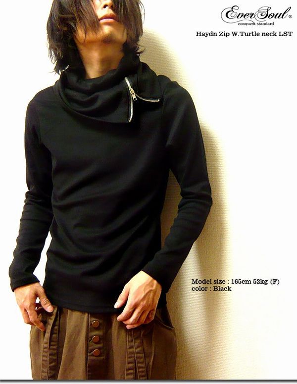 乐天商城 - 長袖 Tシャツ カットソー トップス メンズファッション サロン系 きれいめシルエット Wタートル ジッパーネックロンT ヴォリュームある 2重タートルネック ジッパー使い アクセント ダブルタートルネック ロンT キレイ目シルエット ジャケットのインナー 襟元ジッパー使い