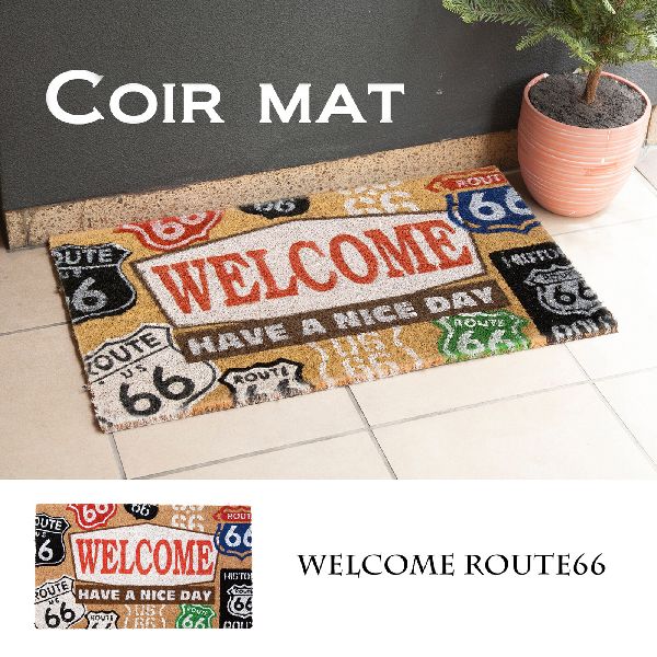 屋外用ドアマット マット カーペット ラグ 家具 インテリア コイヤーマット WELCOME_ROUTE66 玄関マット アメリカン雑貨 玄関おしゃれ 演出 ナチュラルな風合い アメリカンデザイン ポップ 玄関先 明るく 彩り 部屋に馴染む 裏面ゴム 滑りにくい Coir_mat