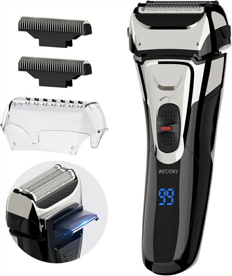 シェーバー メンズ 髭剃り 電動 電気シェーバー 往復式 ひげそり 3枚刃 メンズシェーバー 電気カミソリ ウェット&ドライ お風呂剃り可 IPX7防水 LEDディスプレイ トリマー付き 替刃付き 軽量 持ち運び便利